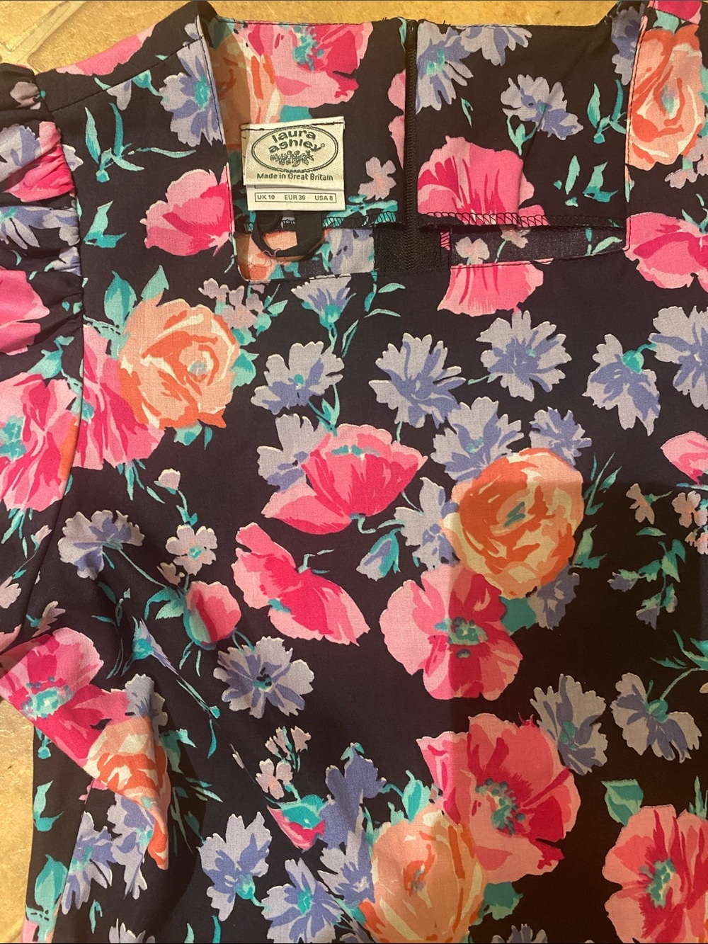 Laura Ashley vintage puff-Sleeve Midi Dress - Black with Pink & Peach Blossoms - Picture 6 of 6